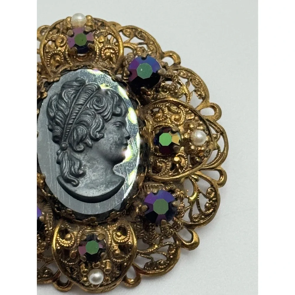 Vintage West Germany Cameo Brooch AB Rhinestone Faux‎ Pearl Filigree Brooch